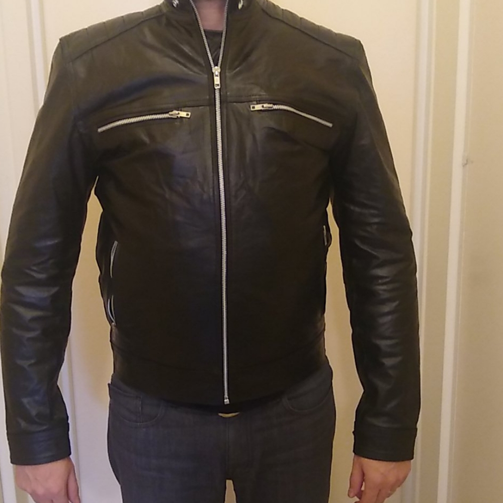 Men's Black Leather Biker Jacket - Small